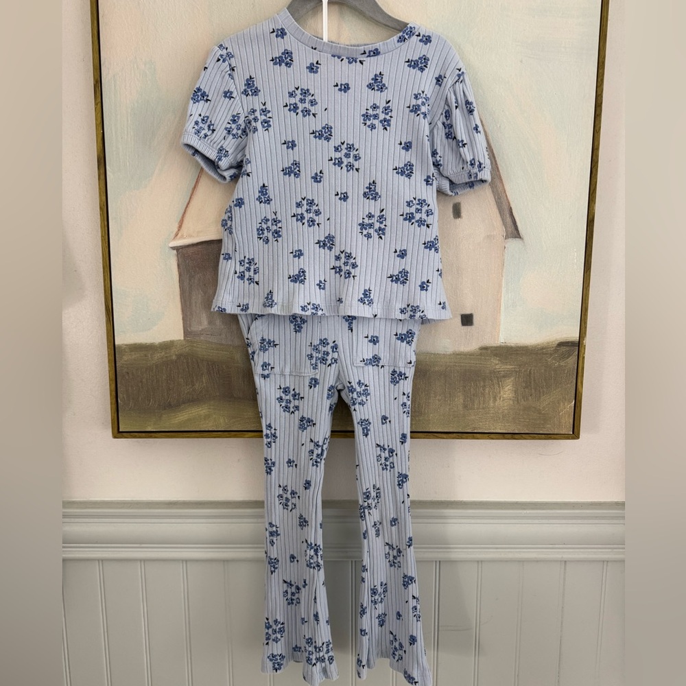 JESSICA SIMPSON Kids Light Blue Floral  Ribbed Cotton Tshirt Pant Set Size 4T
